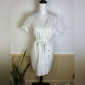L’Academie Los Angeles Striped Belted Wrap Dress White Pinstripe XL Preppy Layer